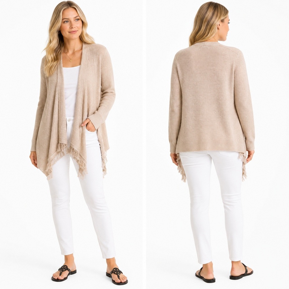 White House Black Market Cardigan Women XS Rose Gold Open Front Fringe Metallic